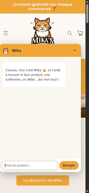 Mika’s Shop mobile assistant interface showing its welcome message, no conversation and an empty input field
