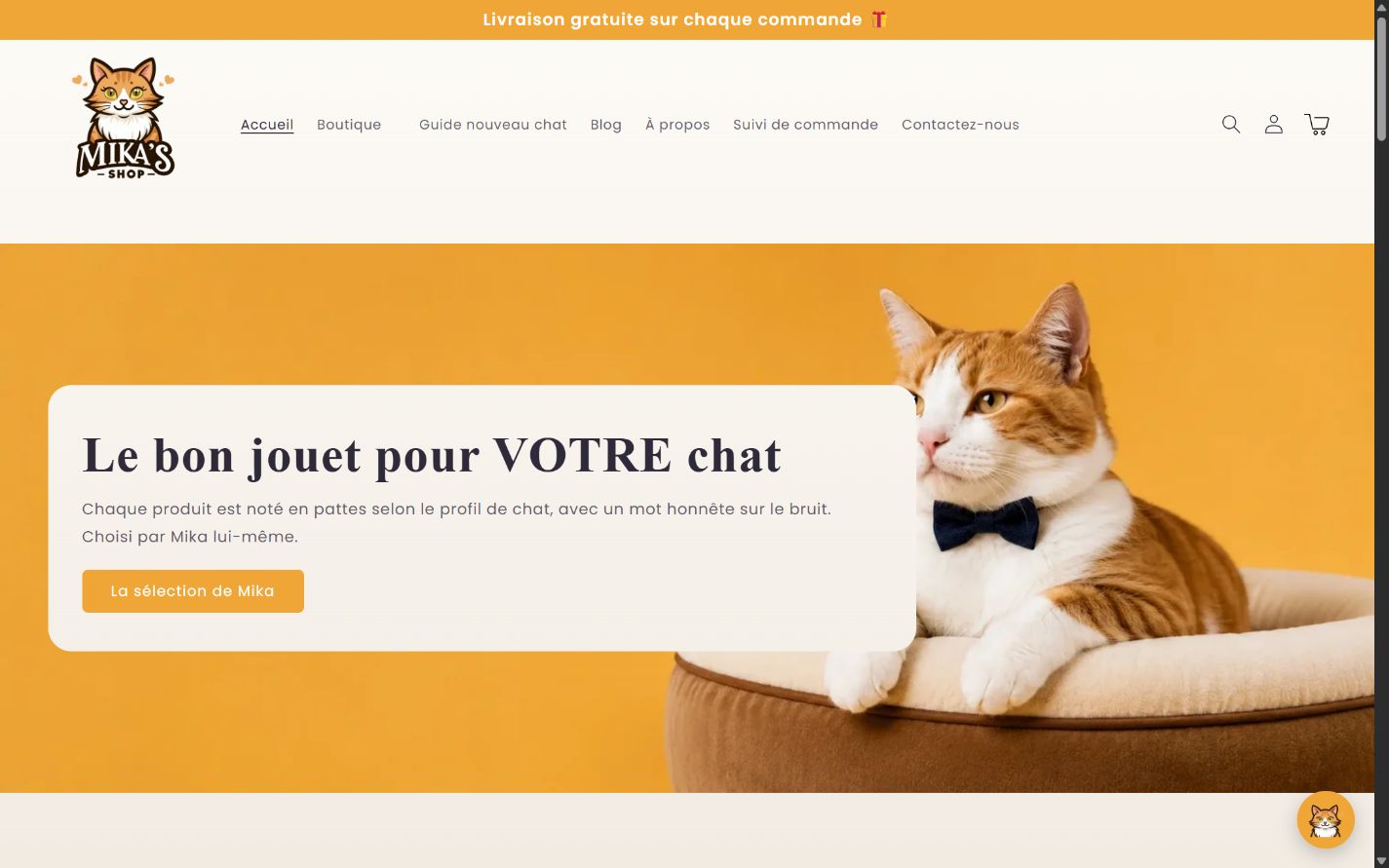 Mika’s Shop homepage: navigation, Mika’s photo and product selection by cat profile