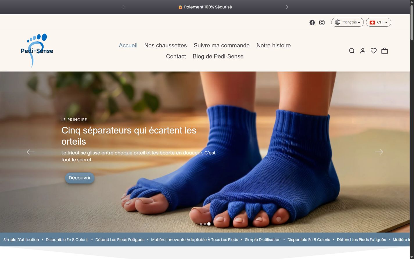 French Pedi-Sense desktop homepage: navigation, sock presentation and access to the product page