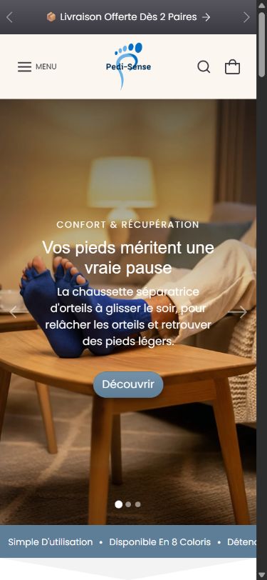 French Pedi-Sense mobile homepage: compact menu, product presentation and Discover button